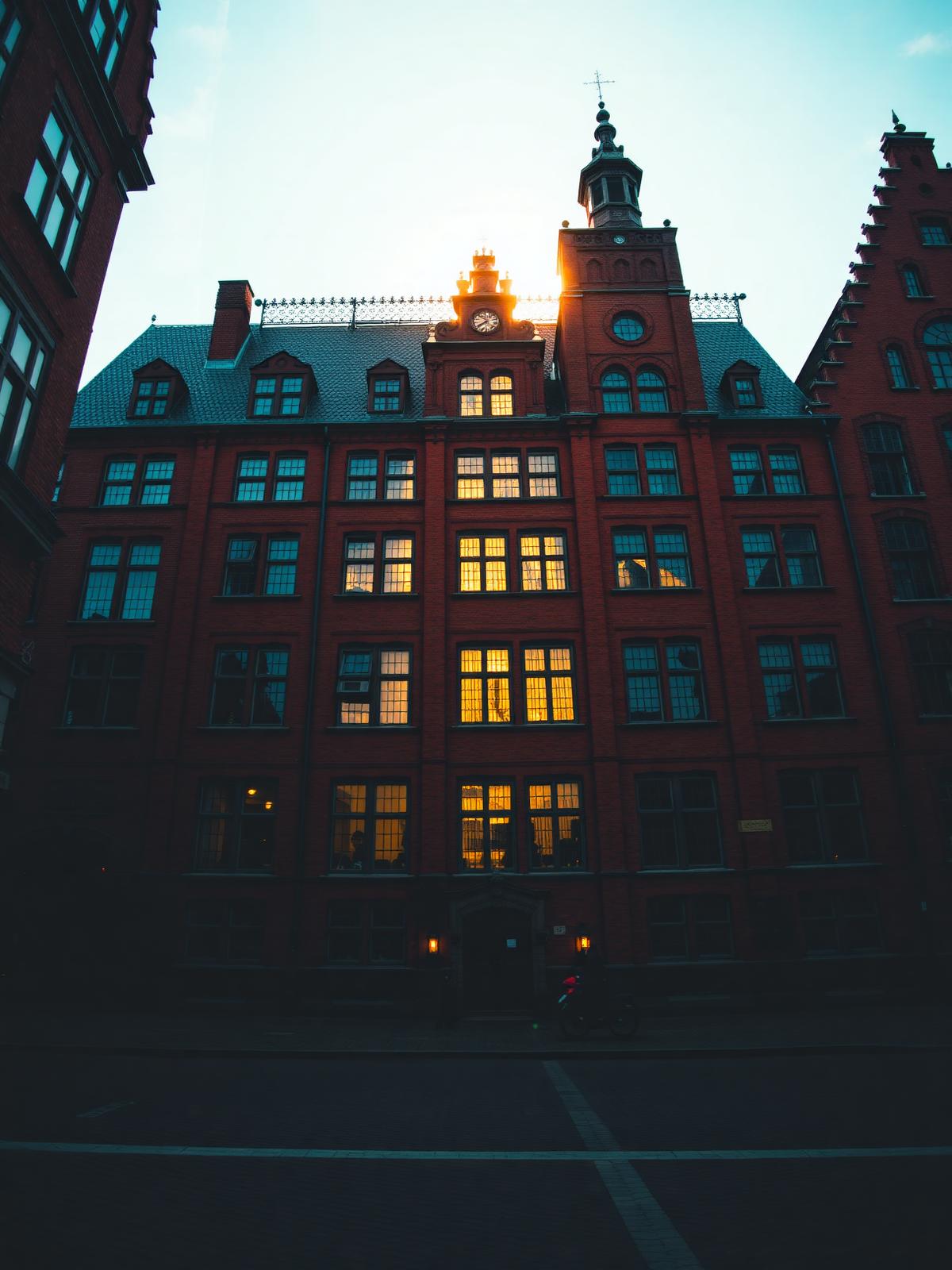 Historic Hanseatic red brick building in Lübeck at golden hour