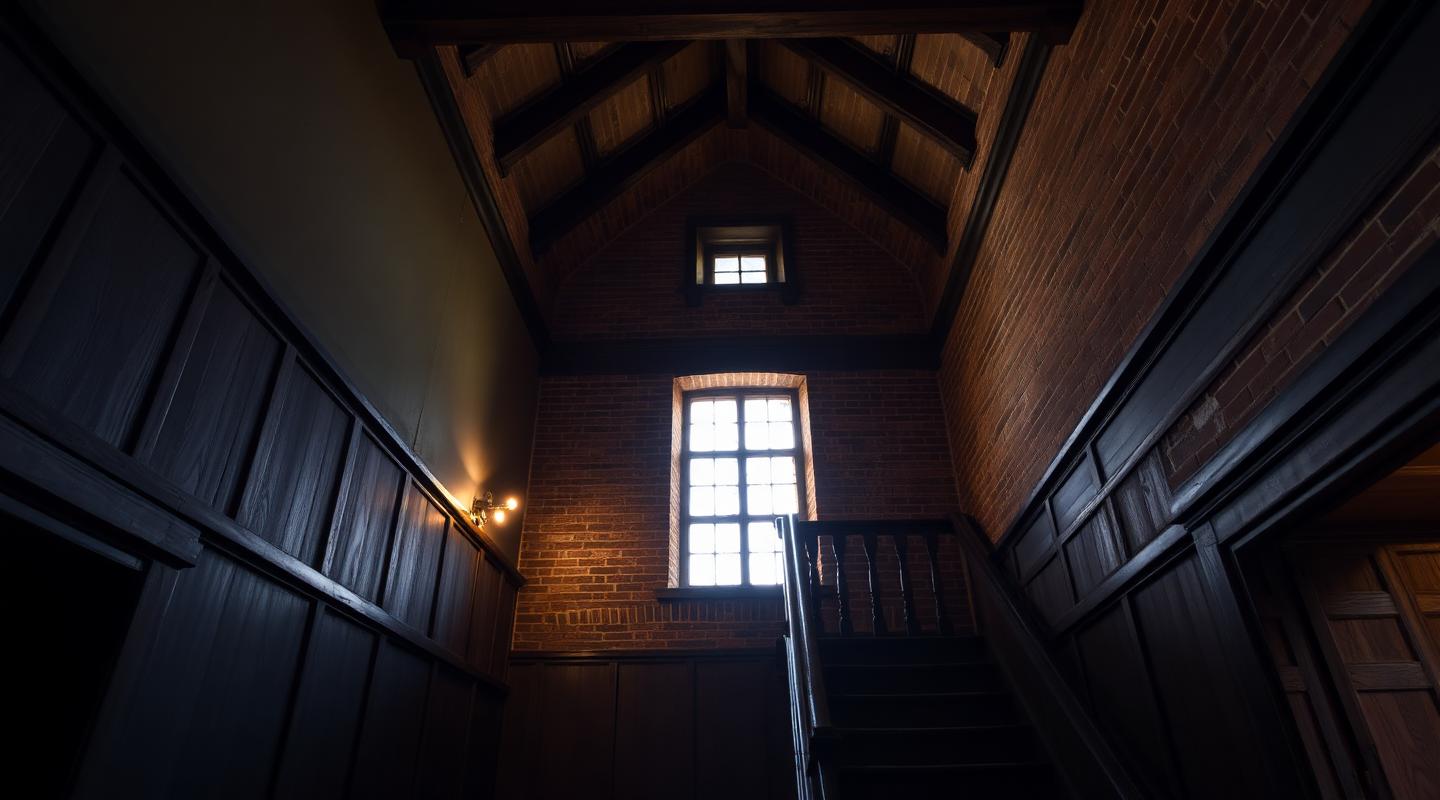 Interior of a historic Hanseatic house showing wooden staircase and exposed brick, undergoing restoration